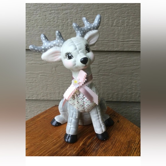 Vintage Other - Vintage Decorative Gray and Pink Deer Ceramic Figurine with Bow